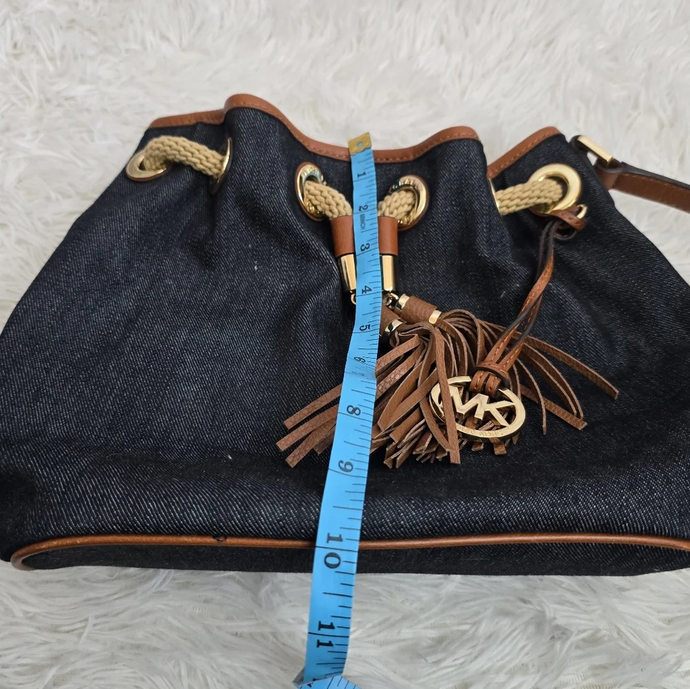 Michael Kors Blue Denim Designer Hobi Handbag With Brown Leather Tassels